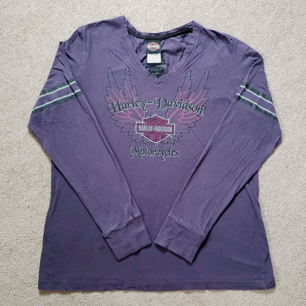 Harley Davidson Long Sleeve Tee Embroidered Logo Glitter Purple XXL Iowa
